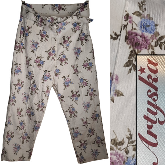 High rise corduroy w/floral print & belt - Picture 1 of 11